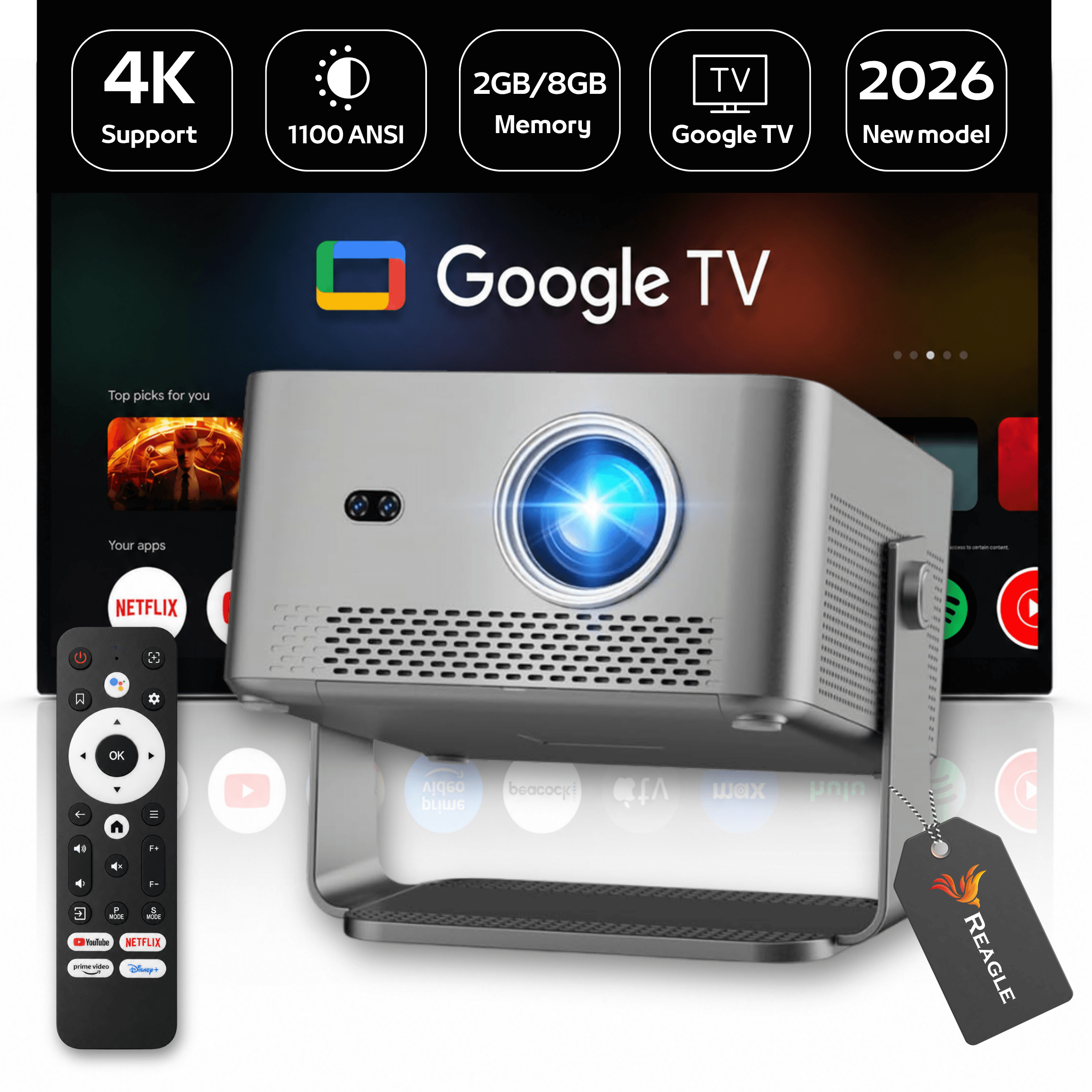 Srebrny projektor LED Reagle R-MOVIELUM-P70 z pilotem, system Google TV i obrotowa podstawa