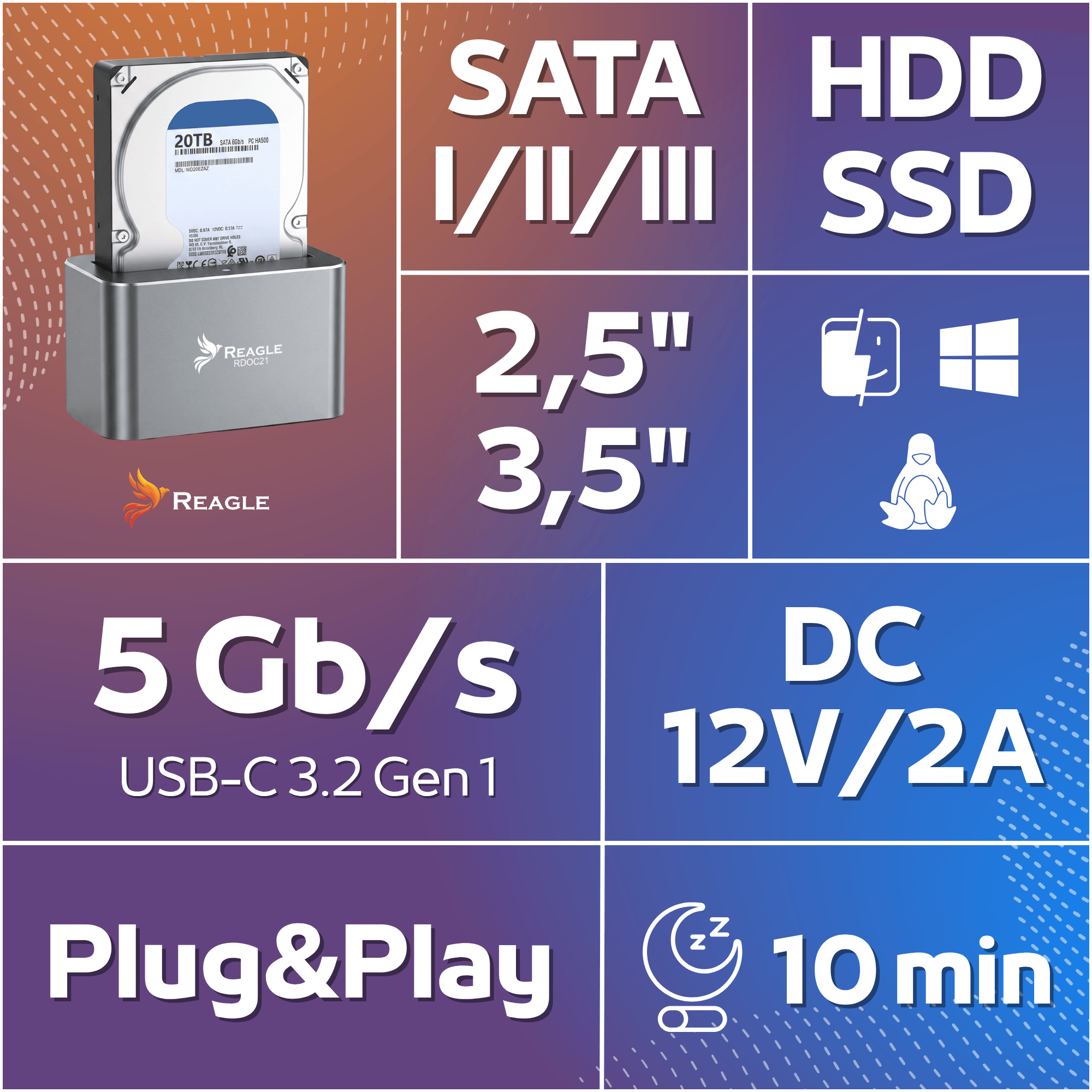 Stacja dokująca HDD SSD SATA USB 3.0 5Gbps