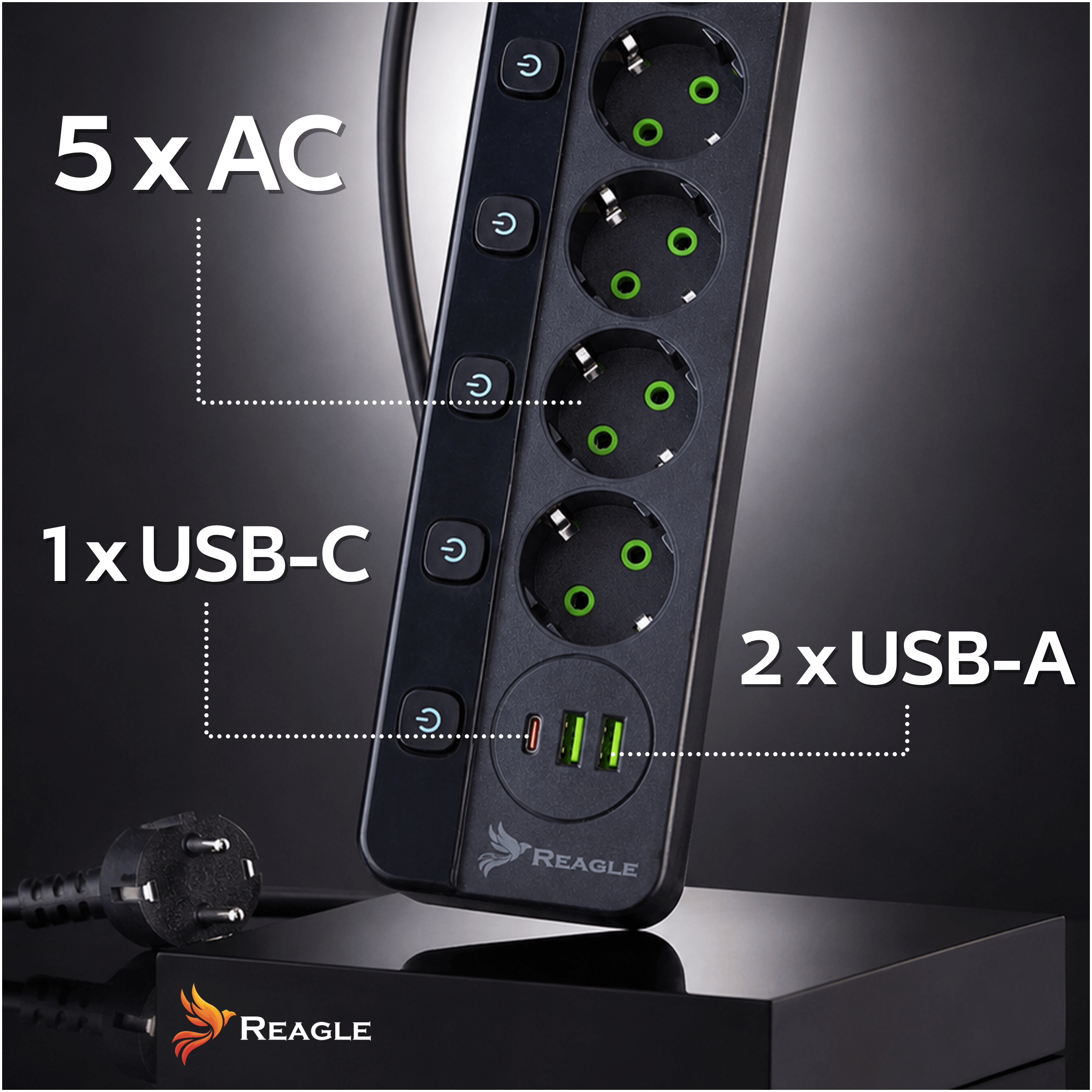 Reagle RSTRIP42 — pięć gniazd i trzy porty USB, rozmieszczenie złączy