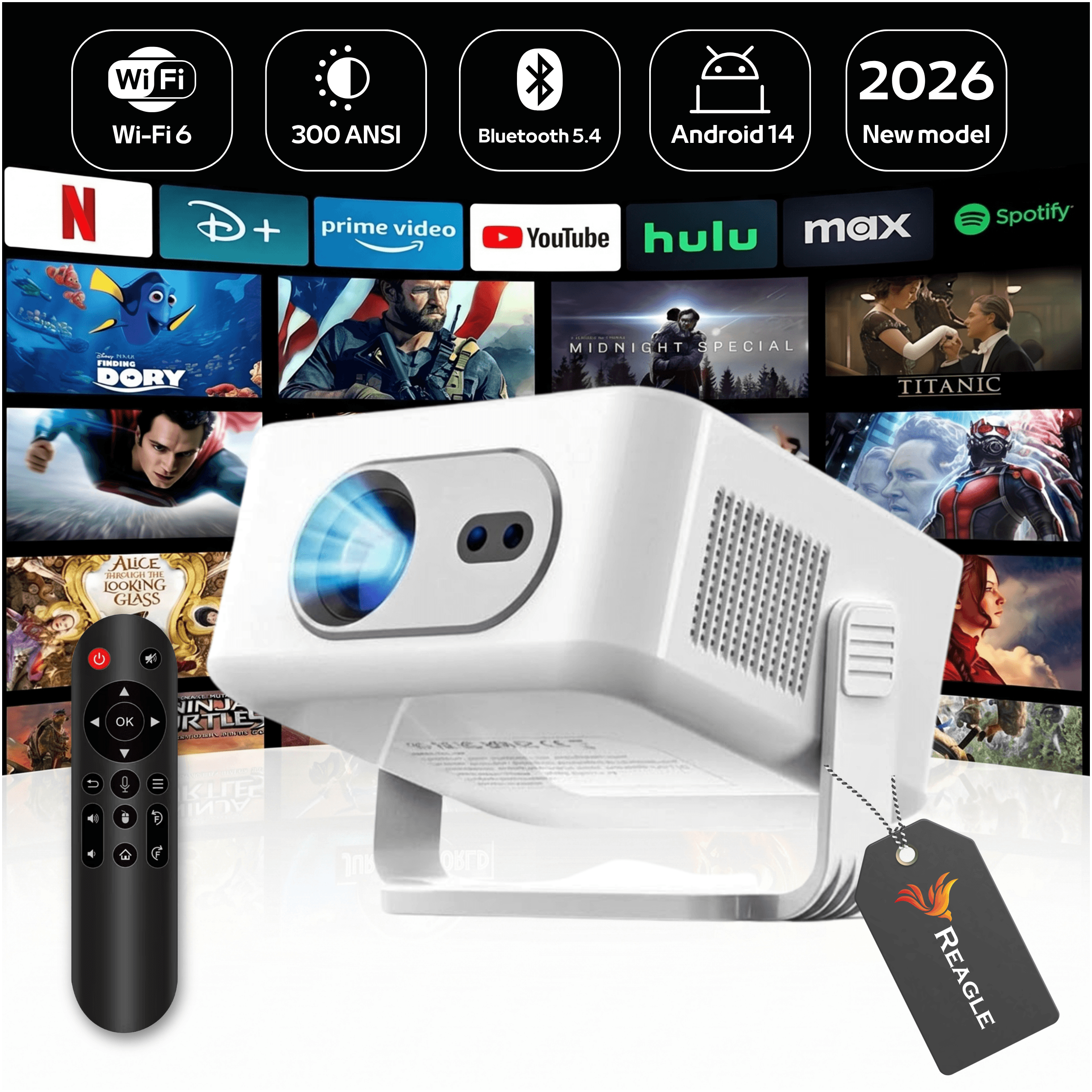 Biały projektor LED Reagle R-MOVIELUM-P21 z pilotem i obrotową podstawą — Android 14, 300 ANSI