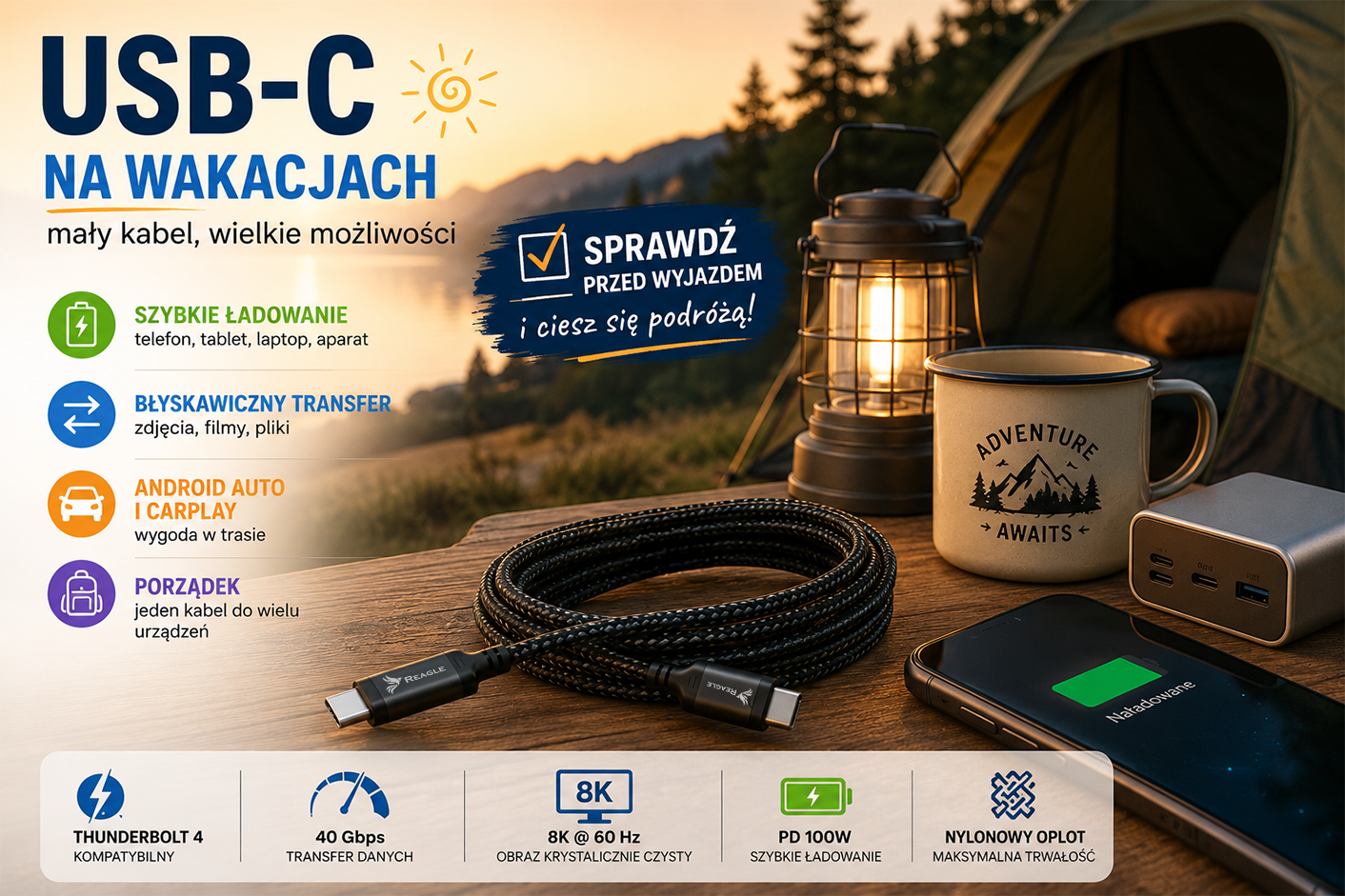 Kabel USB-C Reagle w podróży z powerbankiem i telefonem