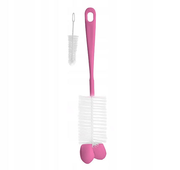 Szczotka do butelek i smoczków z gąbką i mini szczoteczką - Różowa