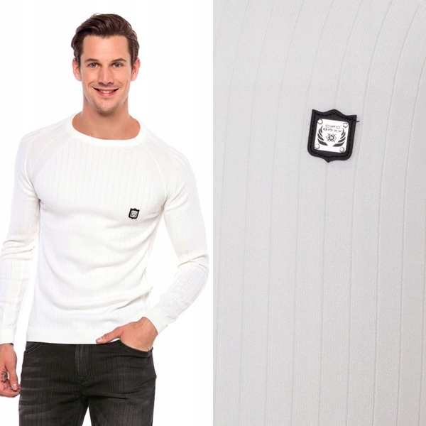 CIPO BAXX SWETER W PRĄŻKI WHITE BASIC GŁADKI~XXL