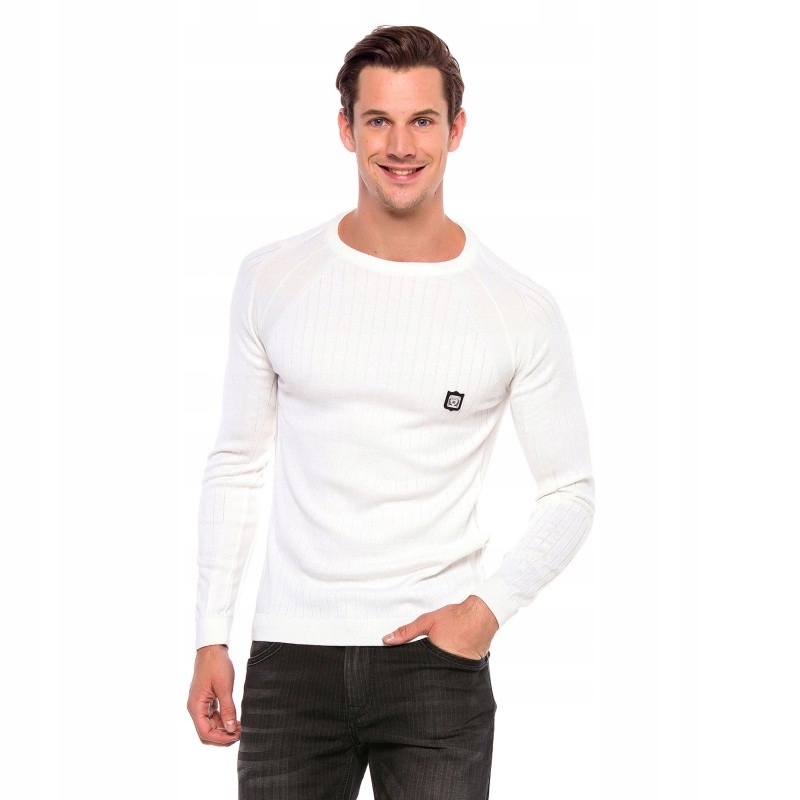 CIPO BAXX SWETER W PRĄŻKI WHITE BASIC GŁADKI~XXL