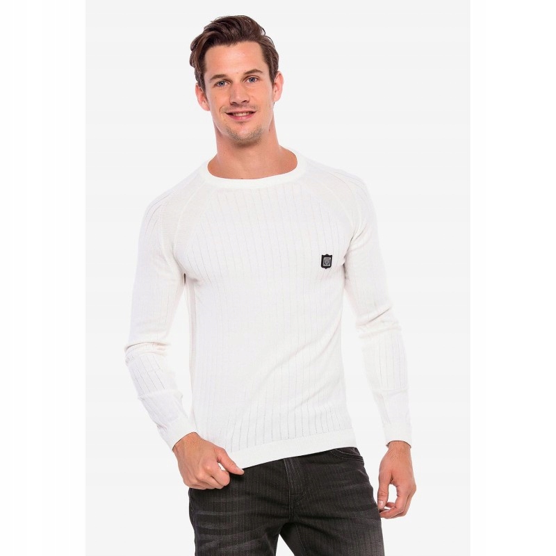 CIPO BAXX SWETER W PRĄŻKI WHITE BASIC GŁADKI~XL