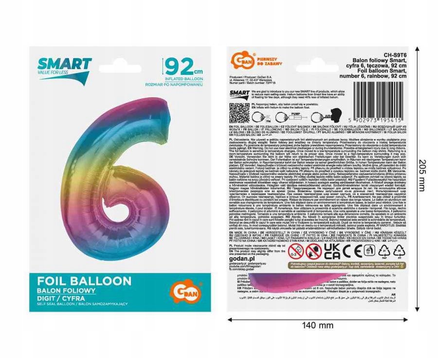 #Bfc34 Balon Foliowy Smart, Cyfra 6, Tęczowa, 92 C