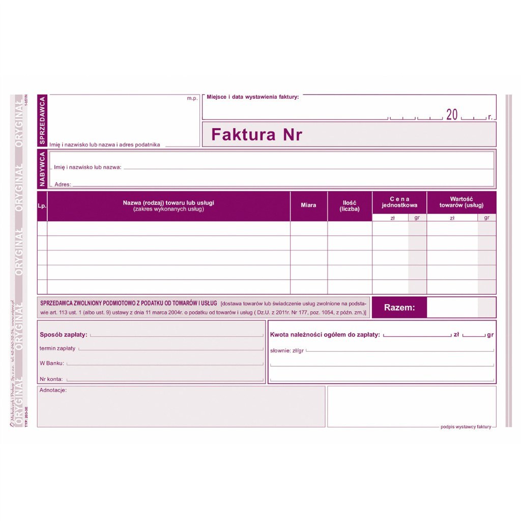 FAKTURA DLA POD. ZWOL. Z POD. A5 POZIOMA 203-3E