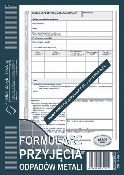 FORMULARZ PRZYJĘCIA ODPADÓW METALI E03-3