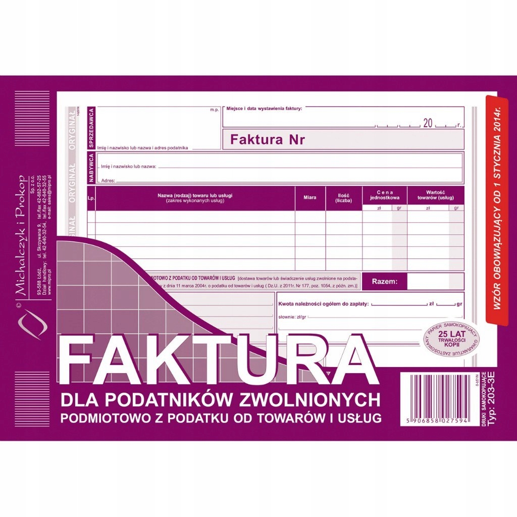 FAKTURA DLA POD. ZWOL. Z POD. A5 POZIOMA 203-3E