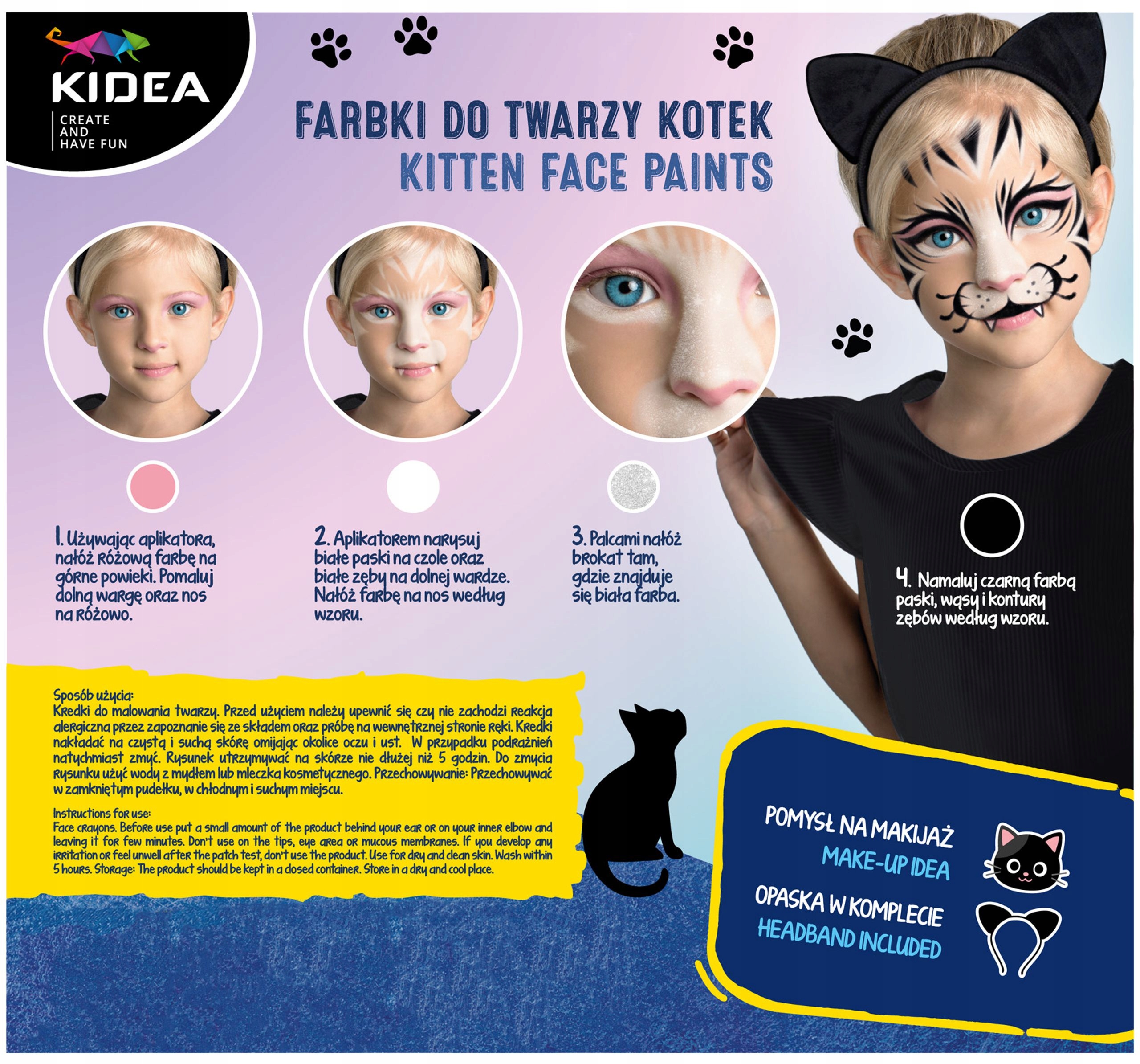 FARBKI DO TWARZY ZESTAW Z OPASKĄ KOTEK KIDEA 7128