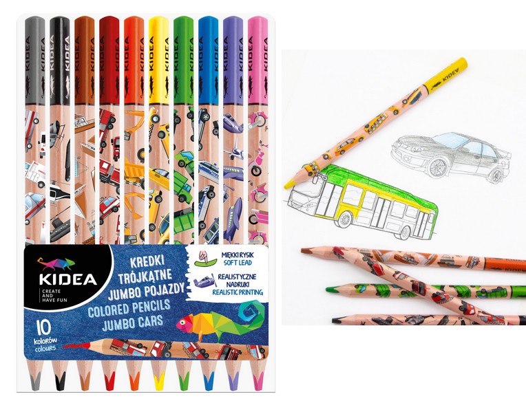 Kredki Trójkątne Jumbo Pojazdy 10 Kol. Kidea 3485