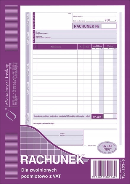 RACHUNEK A5 DLA ZW. Z VAT PION 233-3