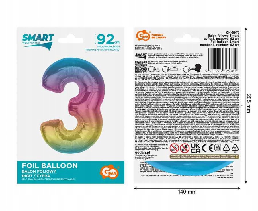 #Bfc34 Balon Foliowy Smart, Cyfra 3, Tęczowa, 92 C