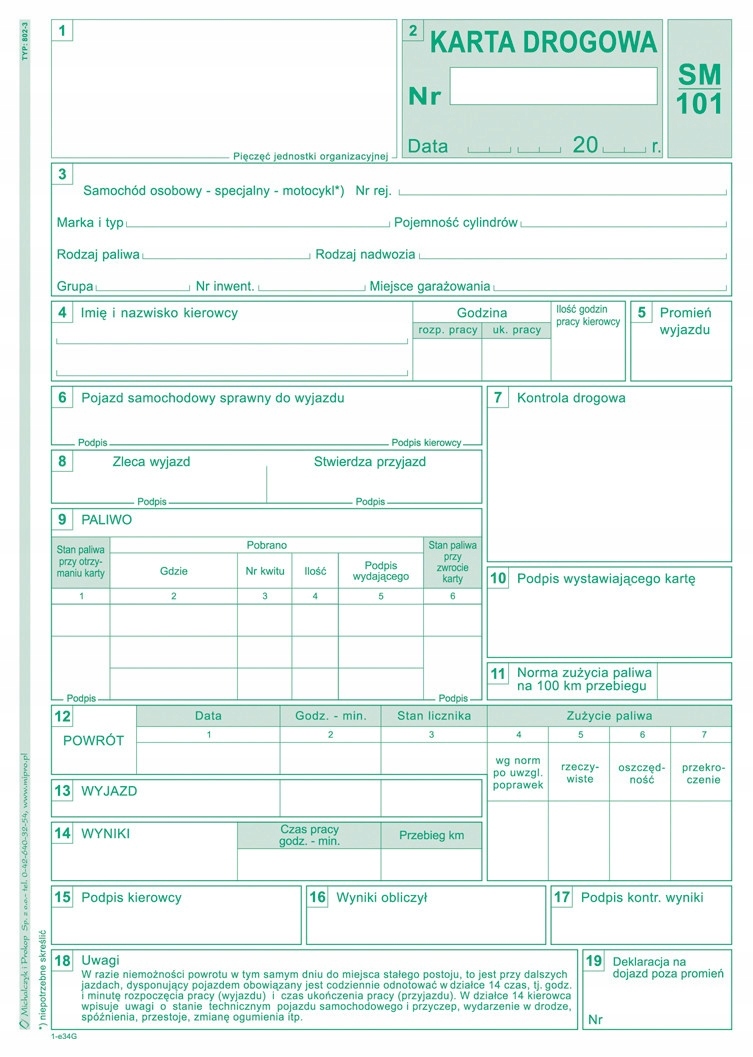 KARTA DROGOWA A5 SM/101 NUMEROWANA 802-3N