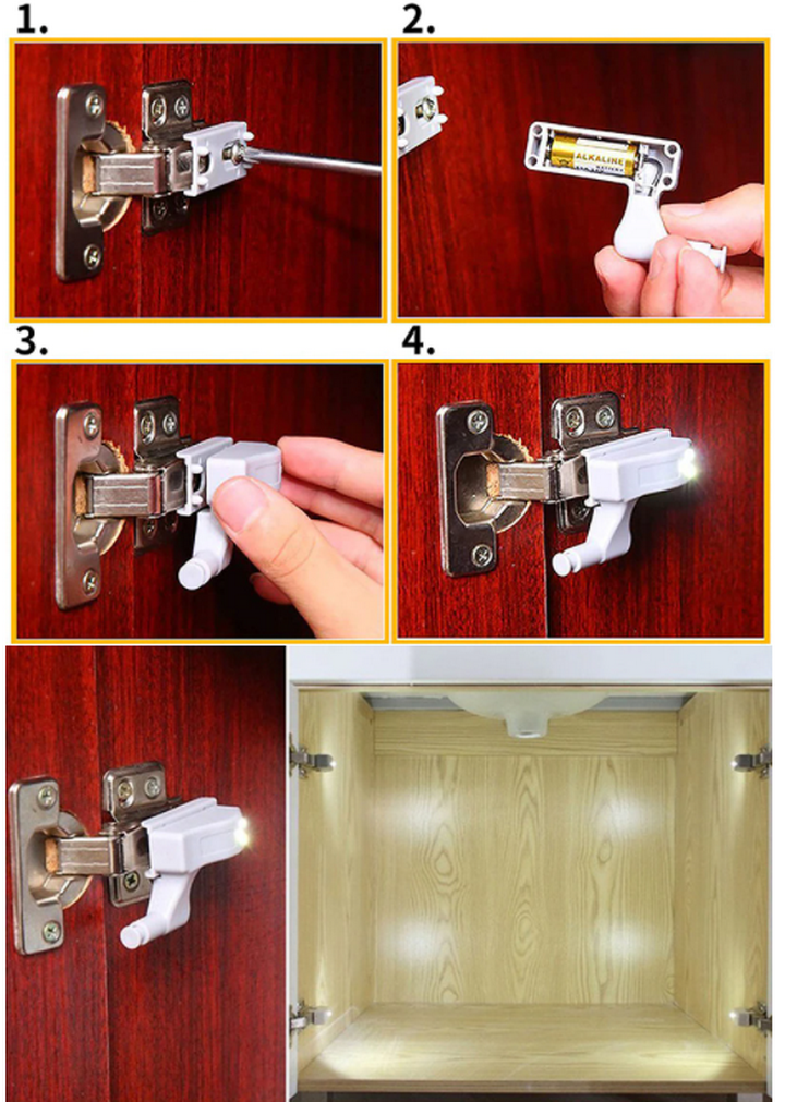 LAMPKA DO SZAFKI LAMPKI NA ZAWIAS DRZWICZKI UNWERSALNE ZESTAW 6x + BATERIE