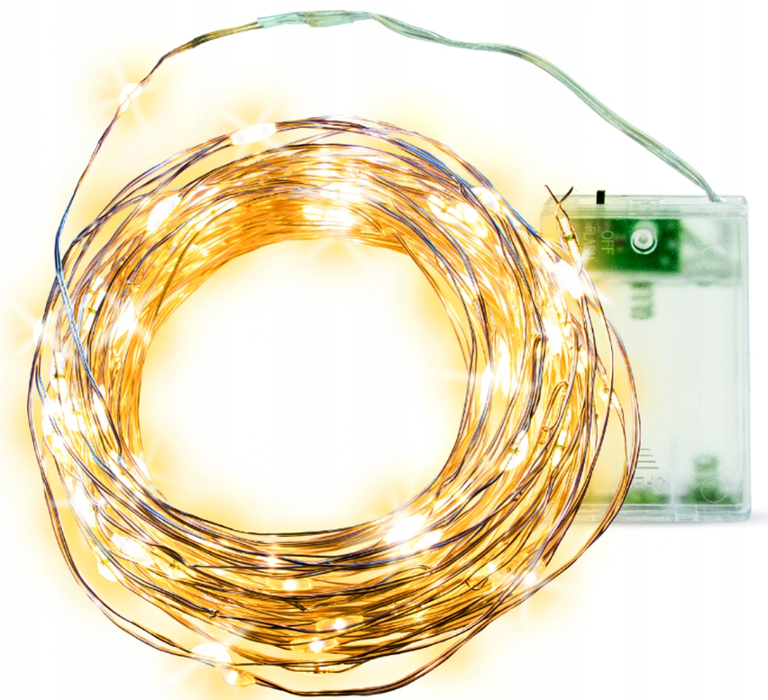 LAMPKI DRUCIKI 100 LED NA BATERIE BIAŁE CIEPŁE 10M