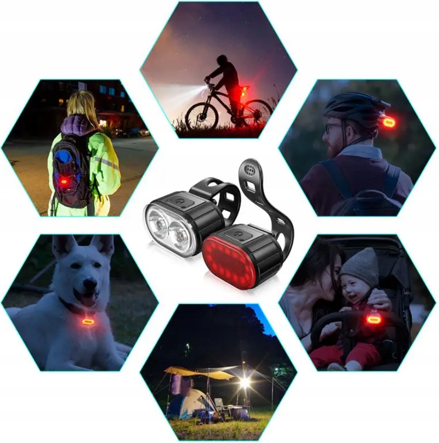 LAMPKA ROWEROWA PRZÓD I TYŁ NA KIEROWNICĘ MOCNA LED USB ŚWIATŁO AKUMULATOR