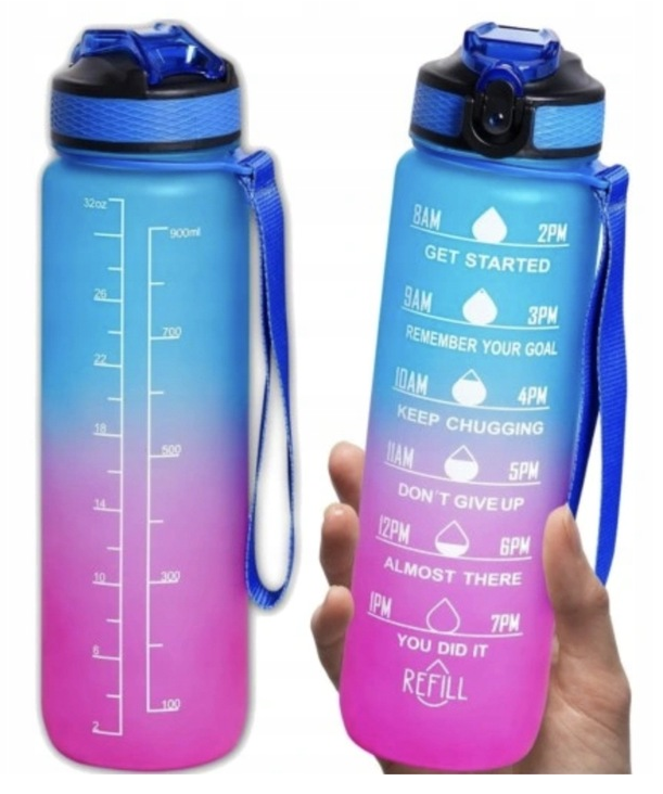 BIDON 1L NA WODĘ Butelka Motywacyjna Sportowa z Rurką Fitness Siłownia