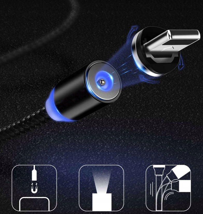 Mocny Kabel Magnetyczny Przewód USB-C Micro USB Lightning 3w1 Ładowarka 1M