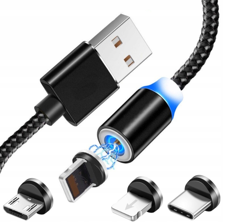 Mocny Kabel Magnetyczny Przewód USB-C Micro USB Lightning 3w1 Ładowarka 1M