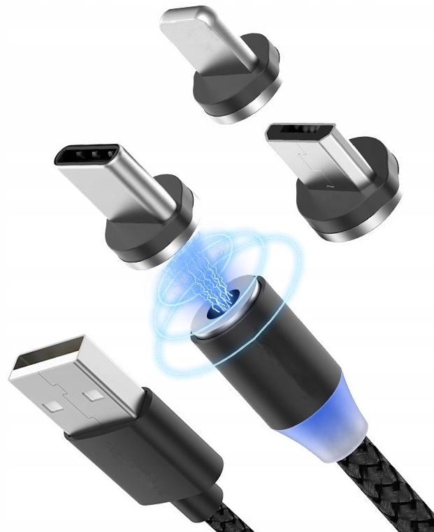 Mocny Kabel Magnetyczny Przewód USB-C Micro USB Lightning 3w1 Ładowarka 1M
