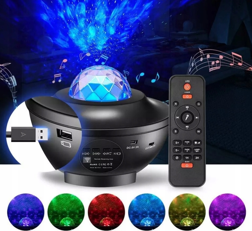 PROJEKTOR GWIAZD RZUTNIK NIEBA LAMPKA NOCNA LED GŁOŚNIK BLUETOOTH + PILOT