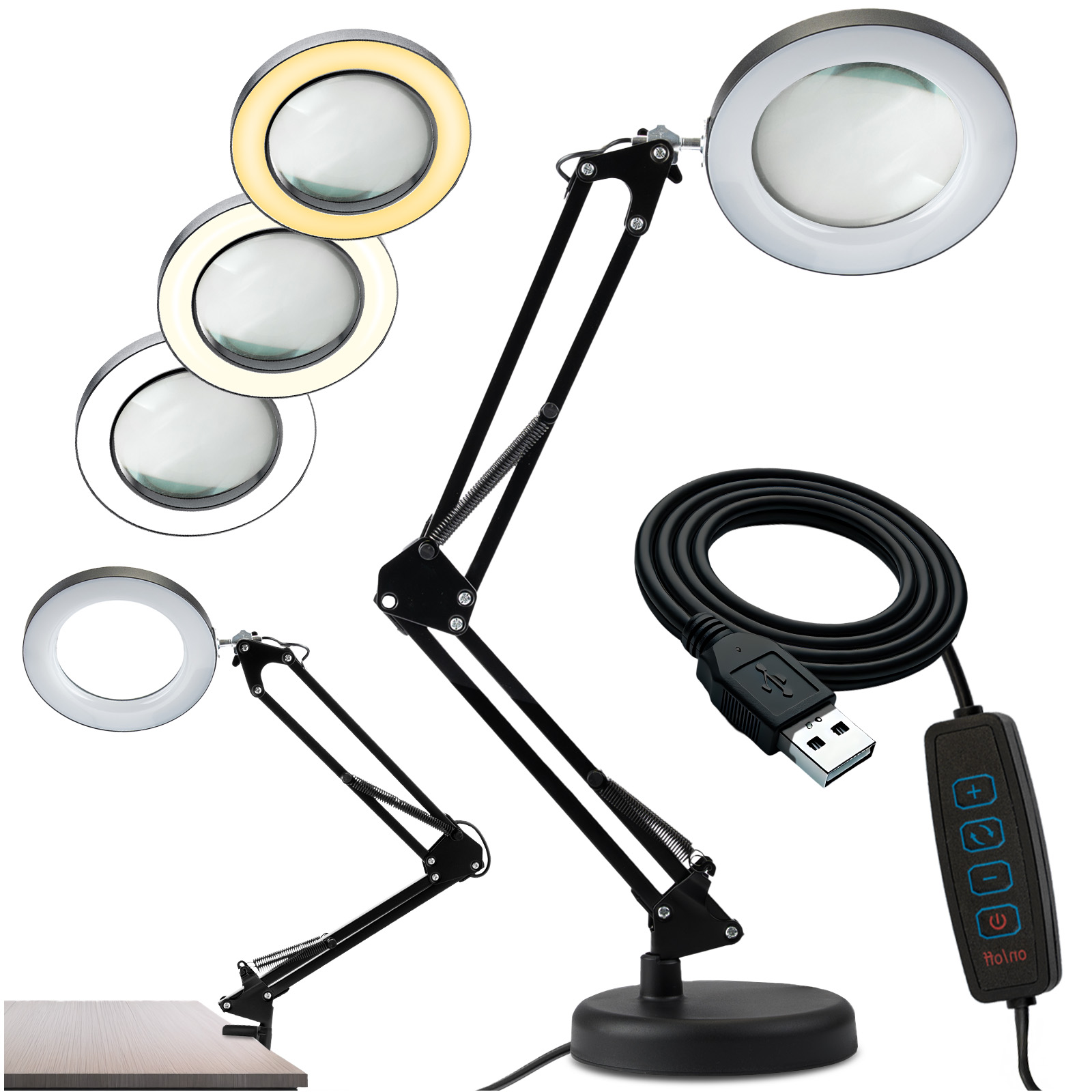 Skrivbordslampa LED 8W CCT ritning bordlampa 3x glasförstoring lupa LUCA 2 svart LUMILED