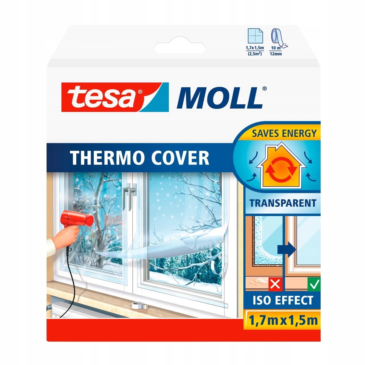 TESA Transparente Wärmedämmfolie für Fensterglas, Isolierung 1,7m x 1,5m