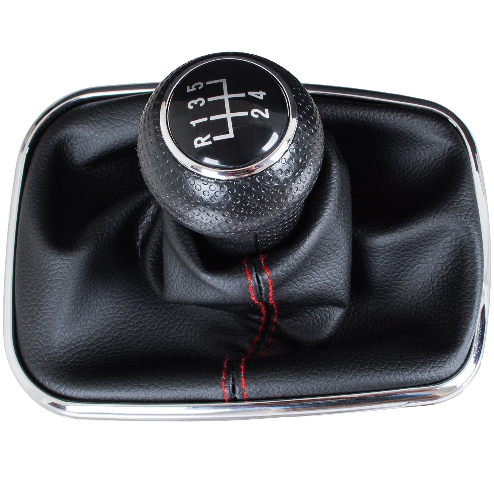 VW Golf IV 97-03 Gearstangsknop + Manchet med rød gevind og forkromet stel 5 gear 23mm hul