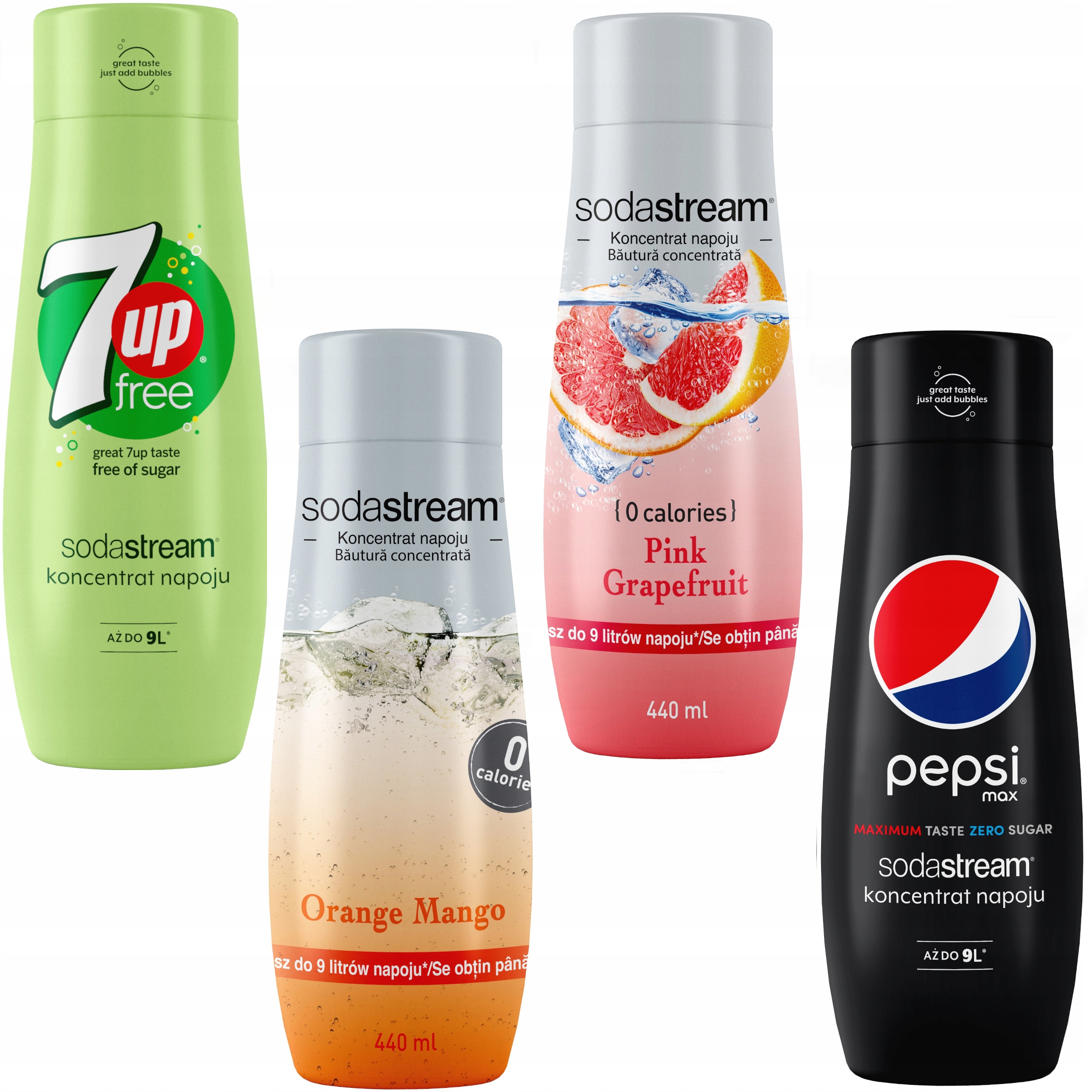 Set med 4 SodaStream-koncentrat 7UpFREE + Apelsin-Mango + Grapefrukt + PepsiMax