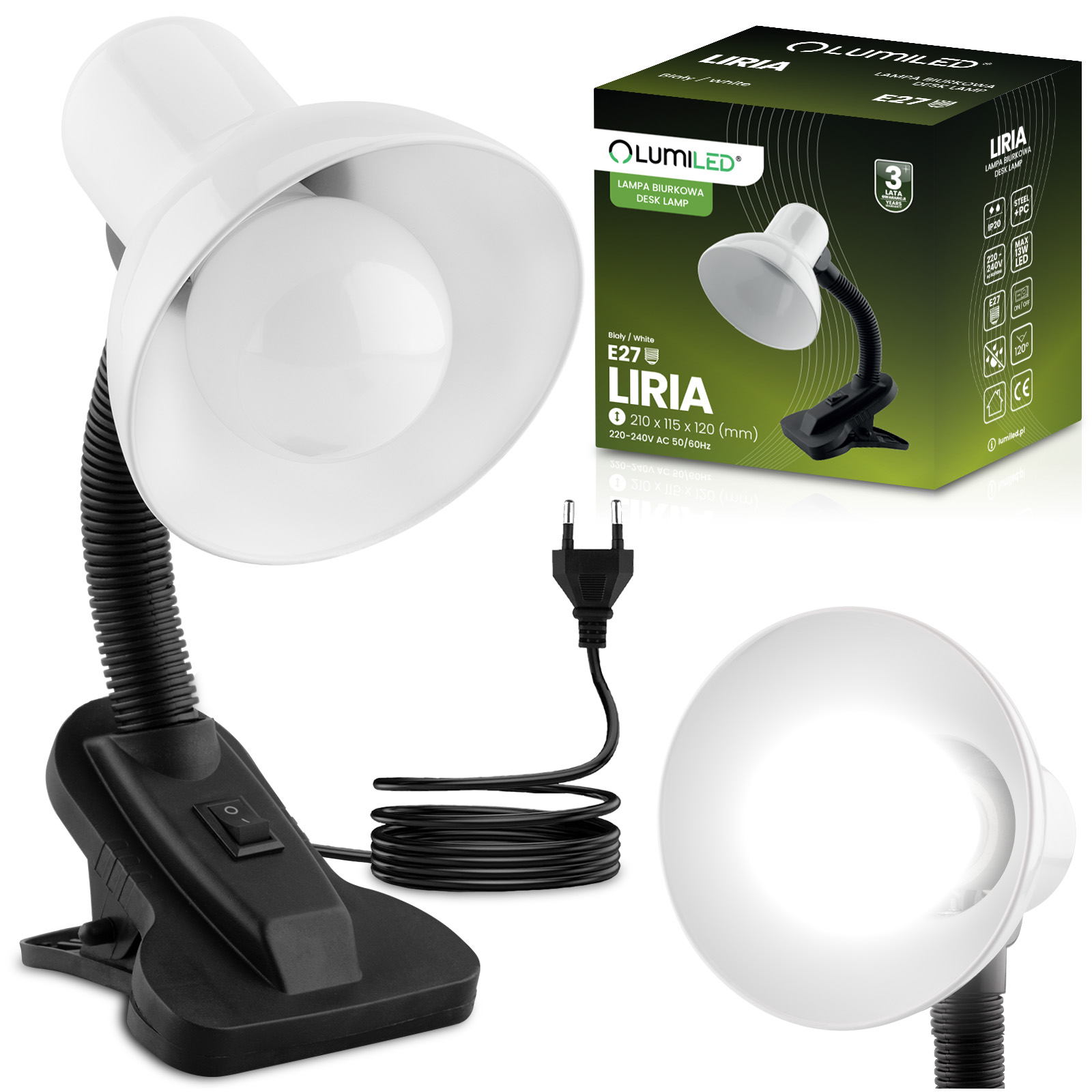Skrivbordslampa justerbar LIRIA skollampa natt E27 klämma vit LUMILED