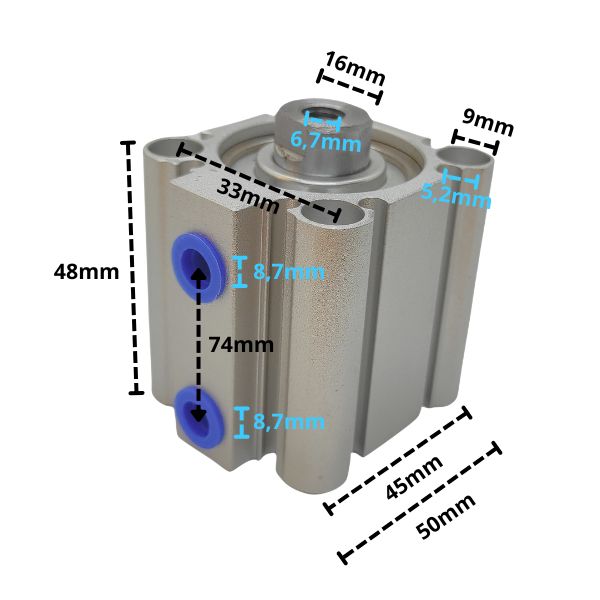 Siłownik pneumatyczny do odblokowania zapadek bezpieczeństwa – widok z zaznaczonymi wymiarami