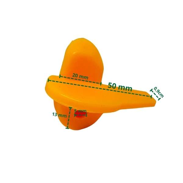 Plastikowa osłona na stopkę montażową Typ AW – wymiary: długość 50 mm, szerokość 20 mm, grubość 0,9 cm, wysokość 13 mm, średnica otworu montażowego 5 mm