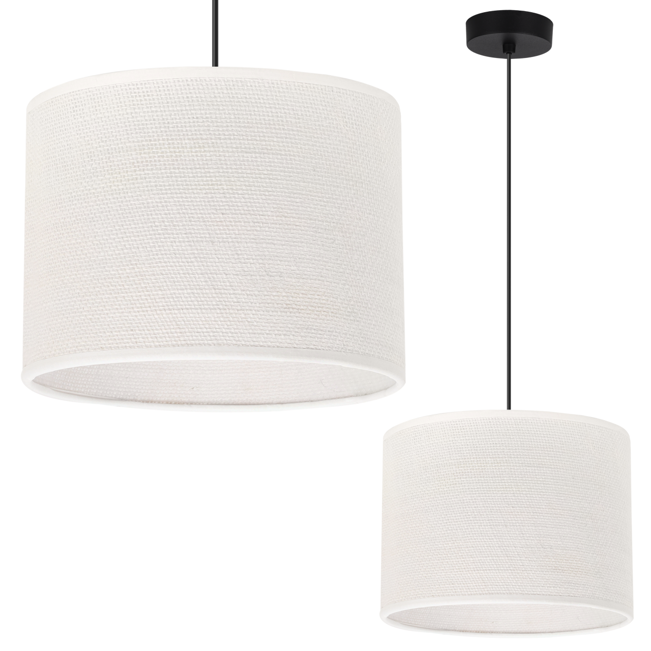 Hængelampe i sort jute med 1 flad hvid lampeskærm, 20 cm, E27
