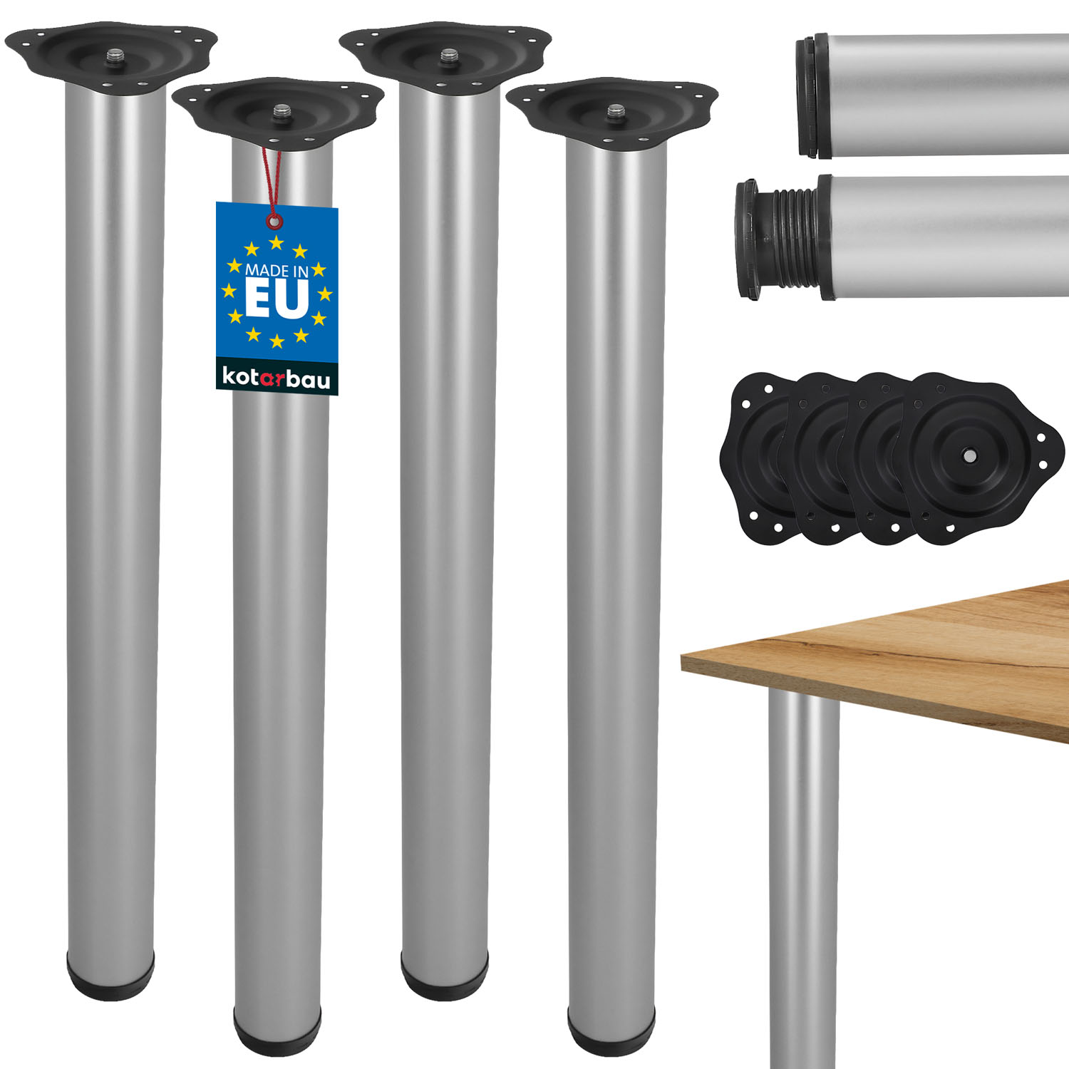 KOTARBAU® Justerbara bordsben 71-74,5 cm stål silver aluminium set om 4