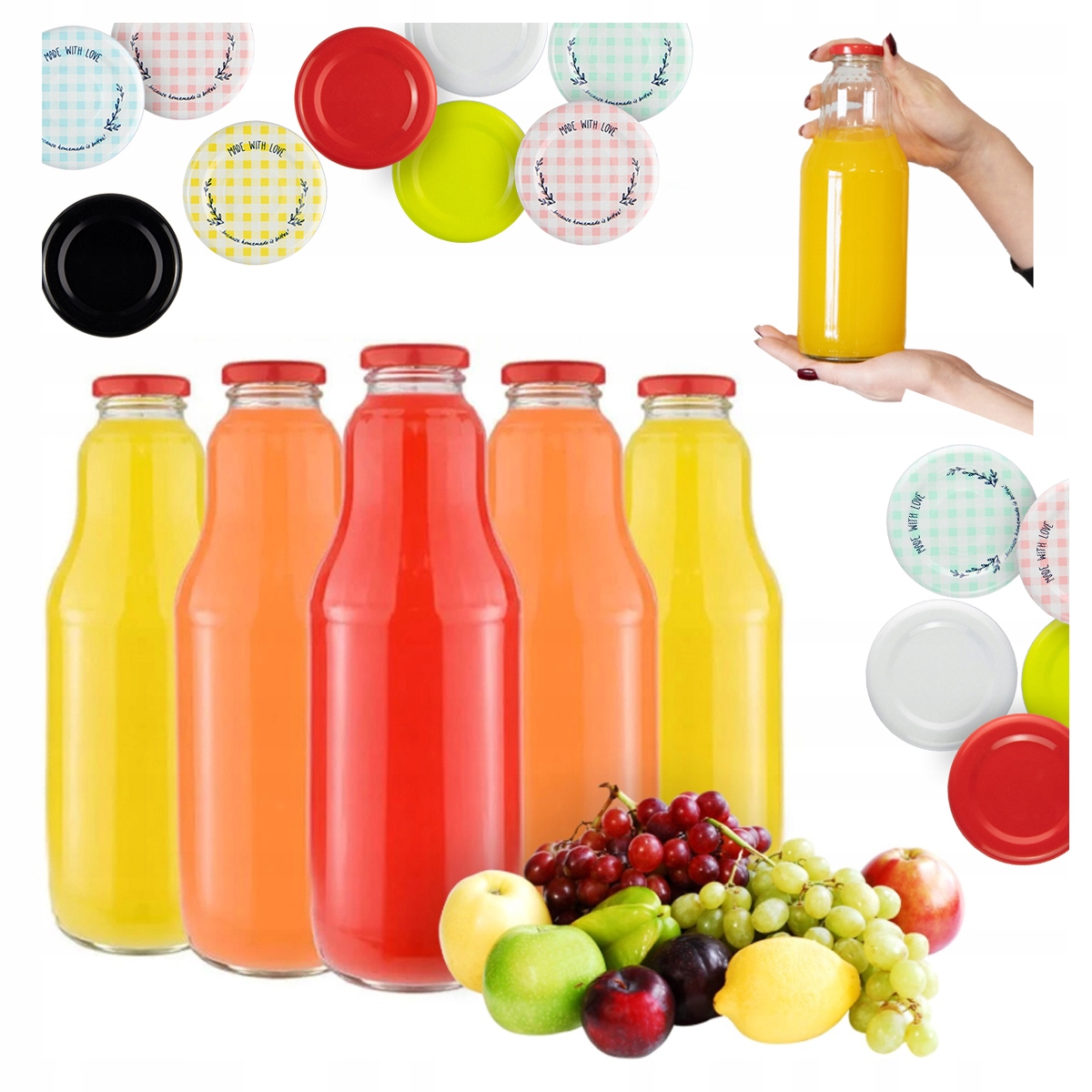 25x Glasflaschen FRUIT 1L Flasche für Saft Säfte Milch 1000ml + Deckel