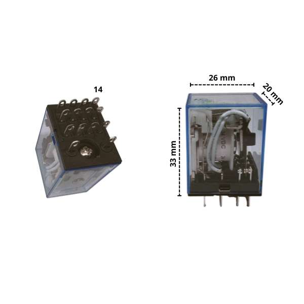 Przekaźnik pomocniczy 24V DC – wymiary: wysokość 33 mm, szerokość 26 mm, głębokość 20 mm