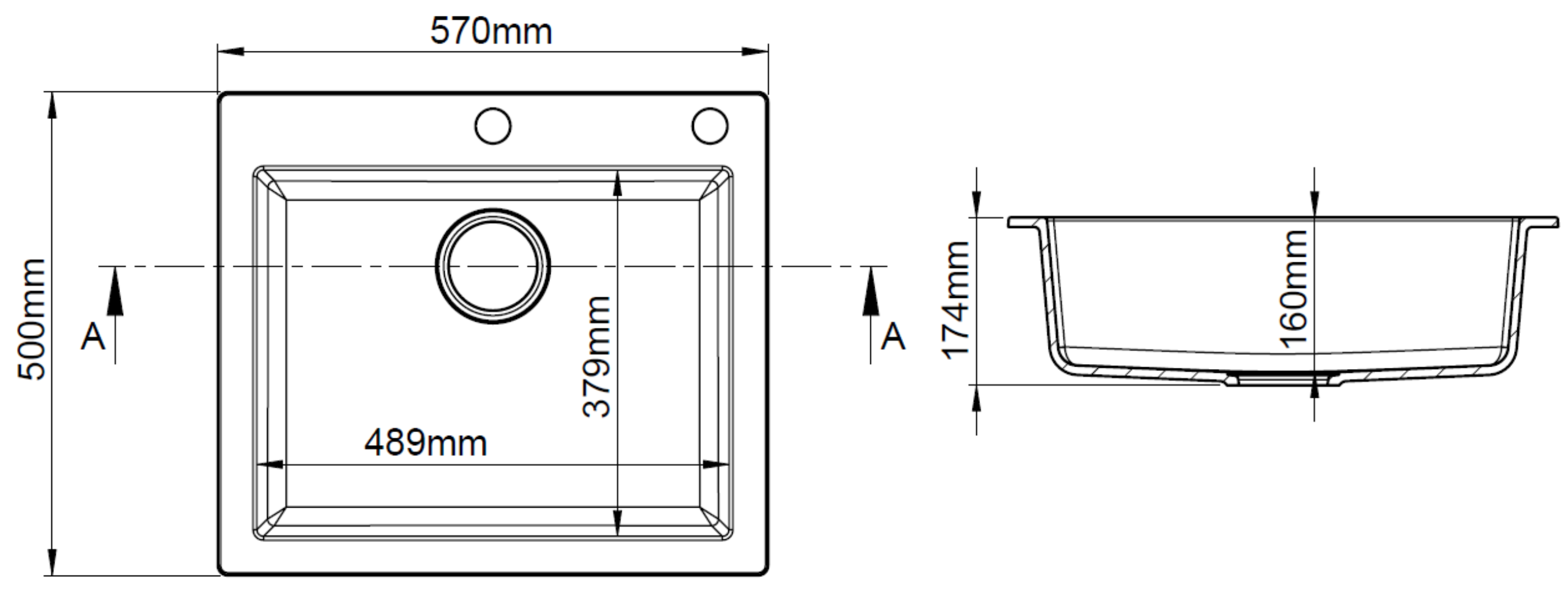 Abmessungen und technische Zeichnung der Granitspüle Mojito 60