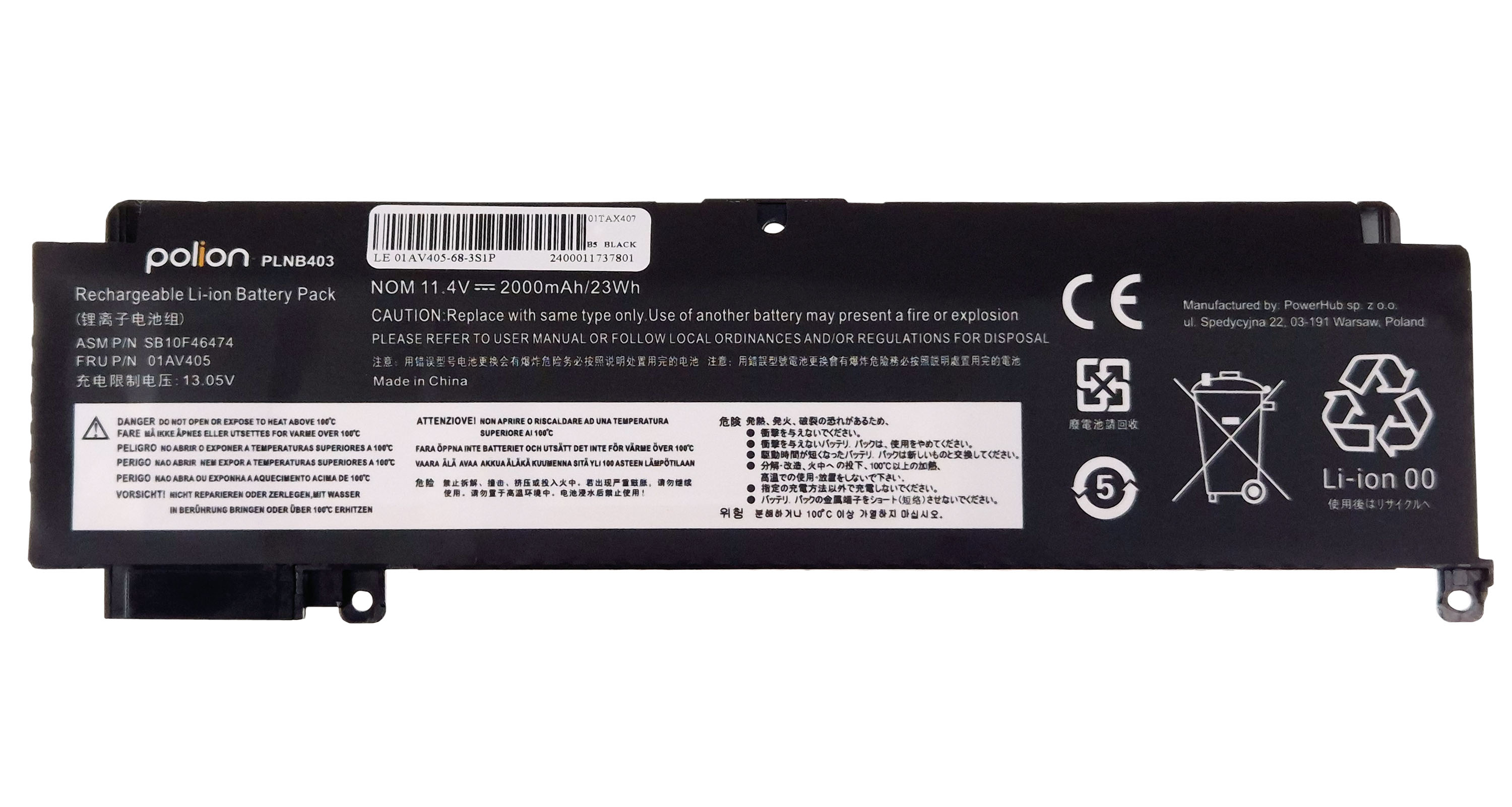 Baterie Polion 01AV405 pro notebooky LENOVO ThinkPad T460s T470s - 11.4V 2000mAh 23Wh