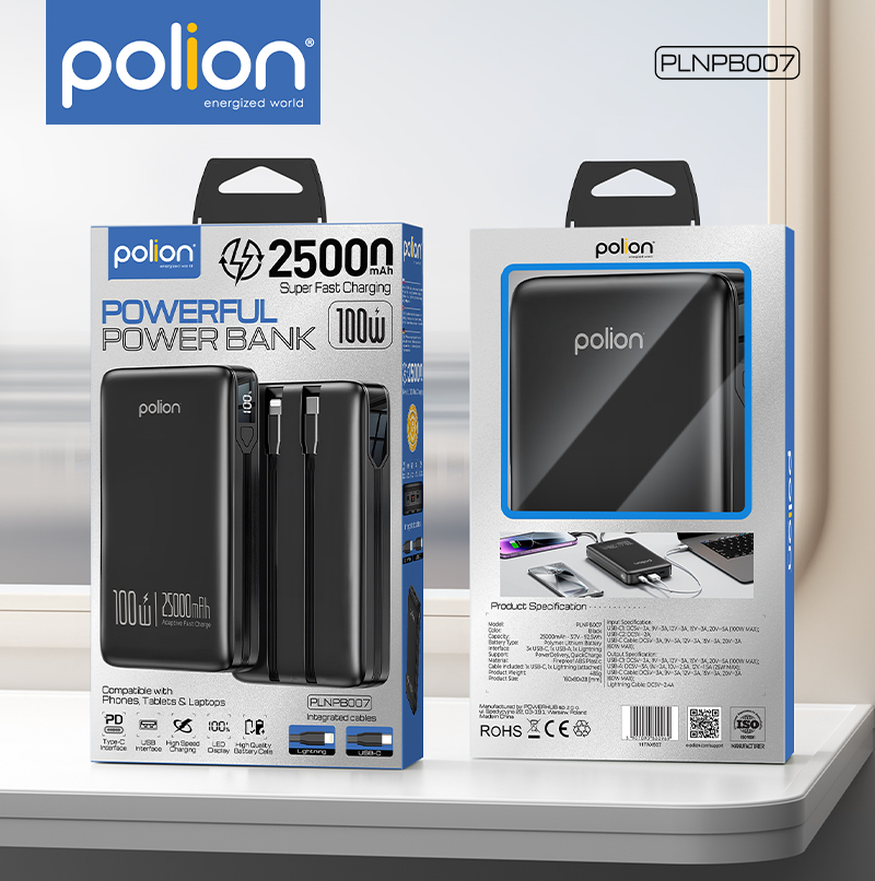 Powerbanka 25000mAh 100W 2xUSB-C USB-A PD3.0 QC3.0 LED rychlé nabíjení