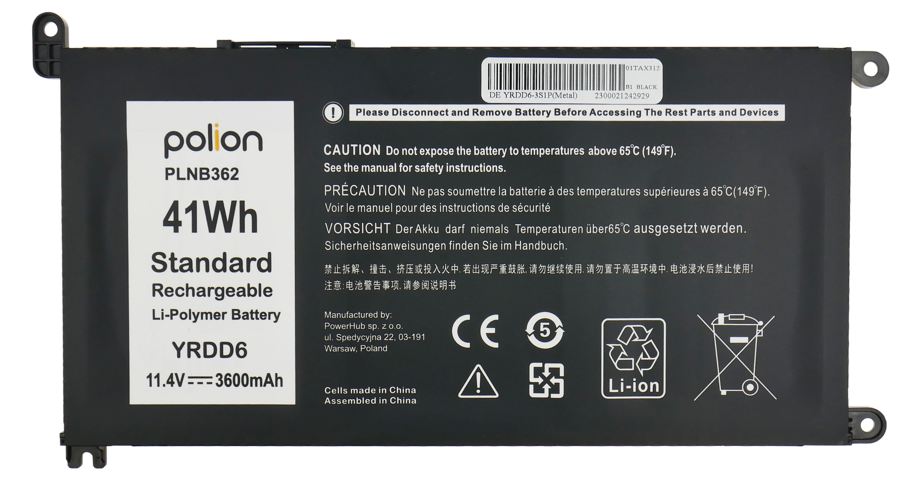 Baterie Polion YRDD6 pro notebooky DELL Vostro 3400 5488 5585 Inspiron 5490 - 3600mAh 41Wh