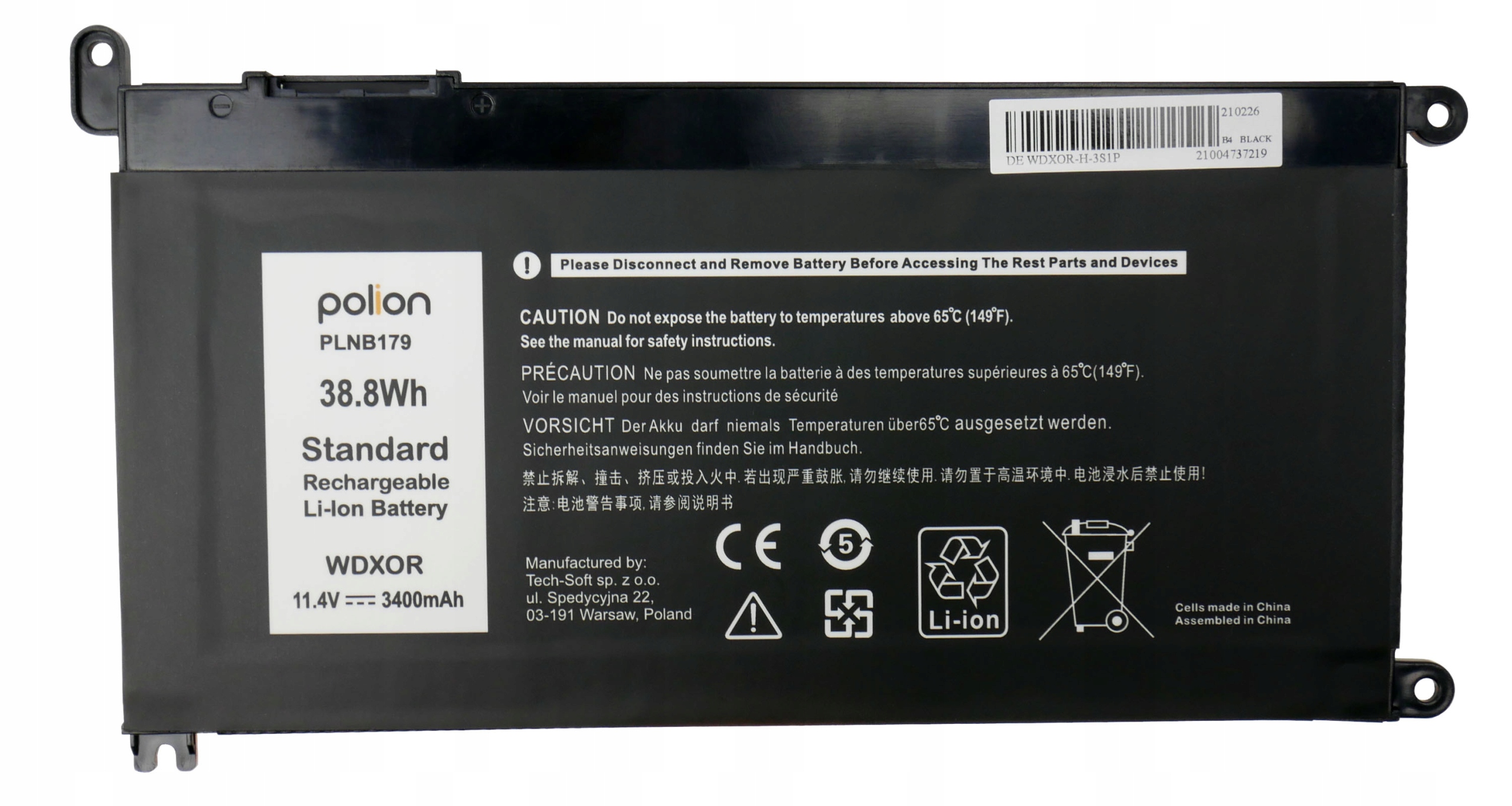Baterie Polion WDX0R pro notebooky DELL Latitude Inspiron 11 13 14 Vostro 14 3400mAh