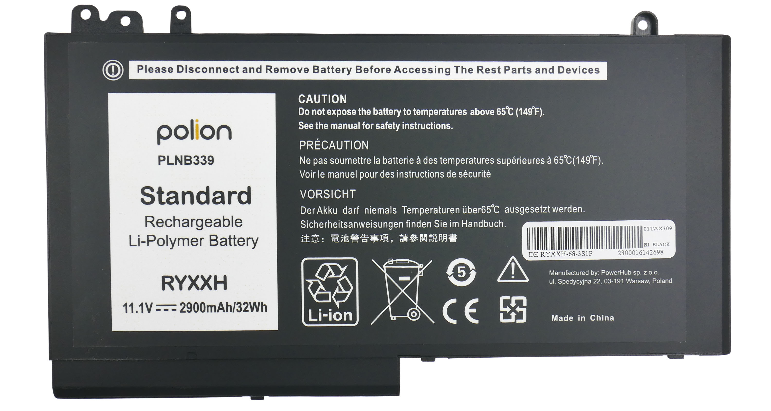 Baterie Polion RYXXH pro notebooky DELL 451-BBLJ Latitude E5250 E5450 E5550 - 2900mAh 32Wh