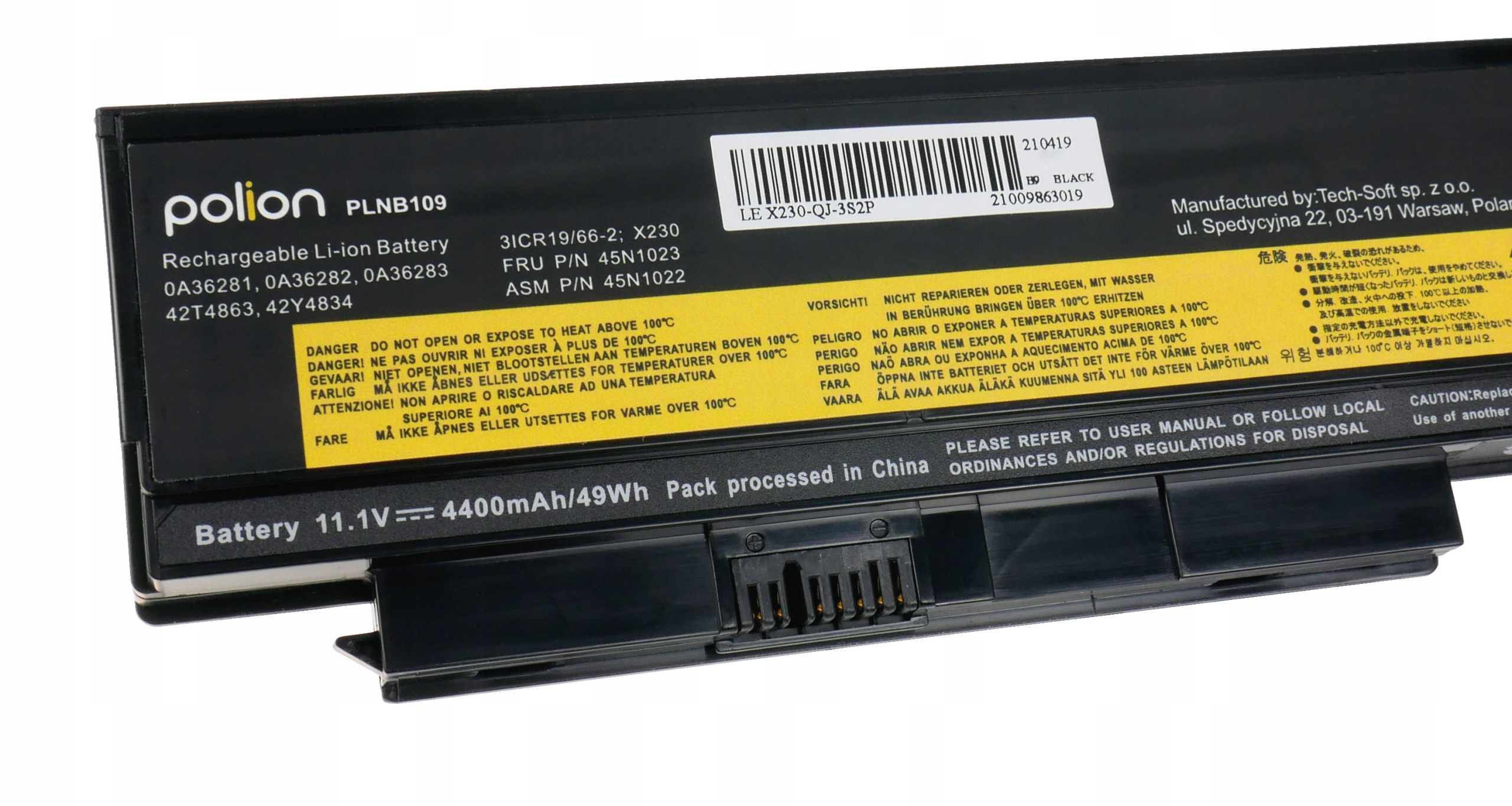 Baterie Polion 45N1023 pro notebooky LENOVO ThinkPad X230 X230i X220 X220i 4400mAh