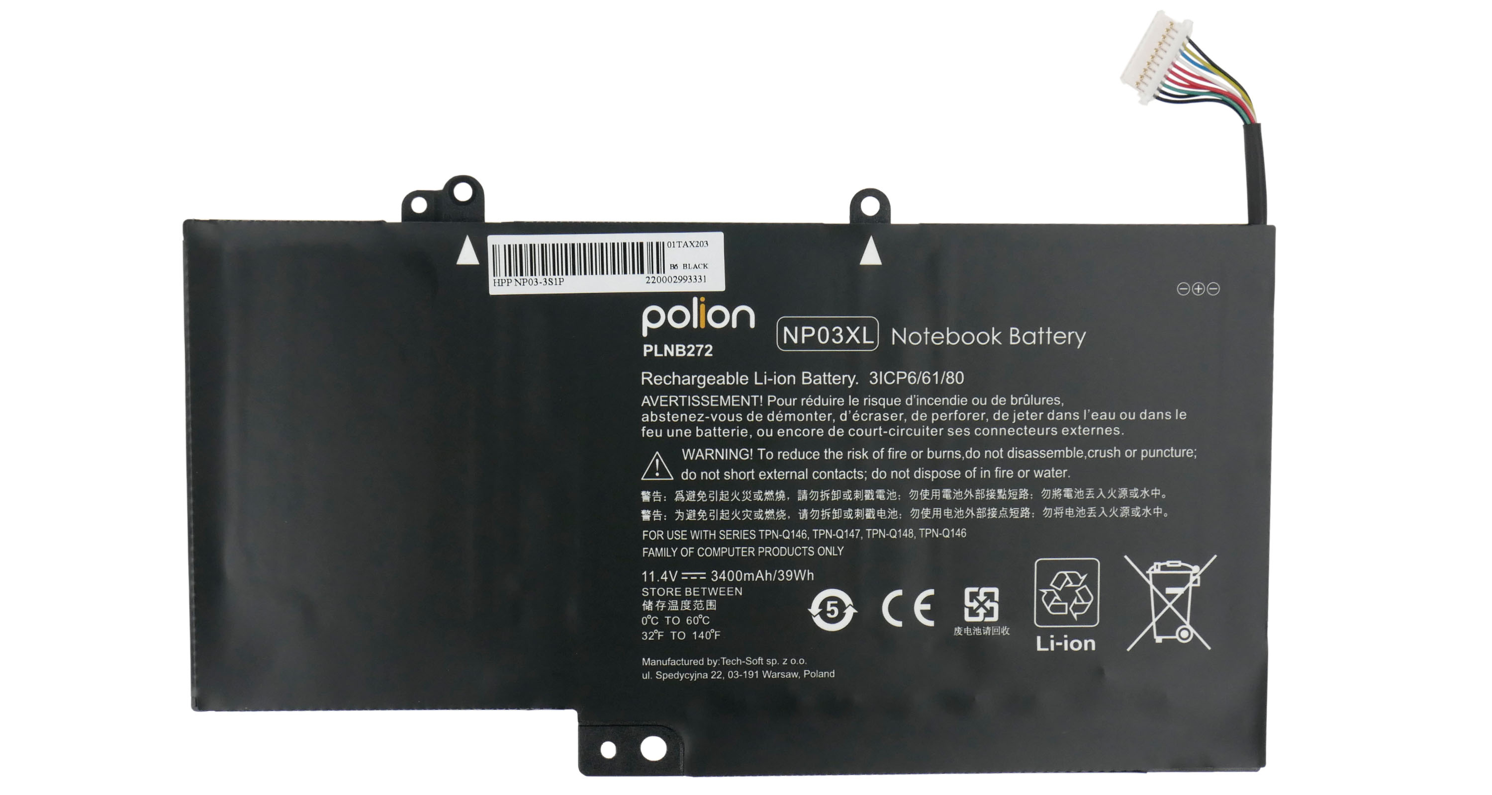 Baterie Polion NPO3 pro notebooky HP NP03XL NPO3XL Pavilion x360 3400mAh
