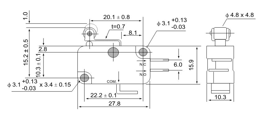 Wyłącznik krańcowy mikro z dźwignią sprężynową i rolką TRACON