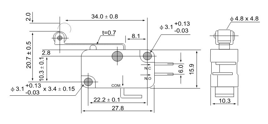 Wyłącznik krańcowy mikro z dźwignią ze sprzężyną i rolką TRACON