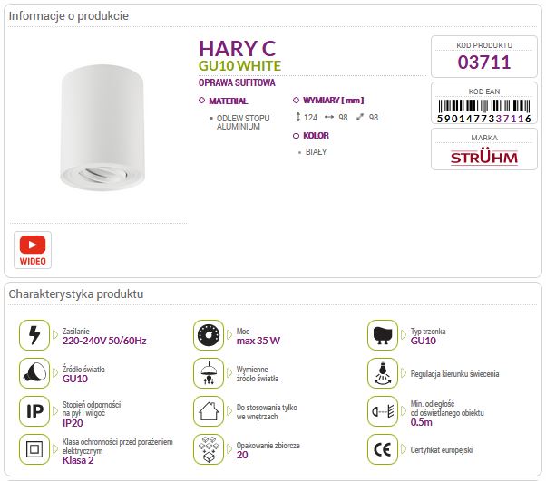 Lampa sufitowa natynkowa HARY C biała 03711 GU10 Struhm