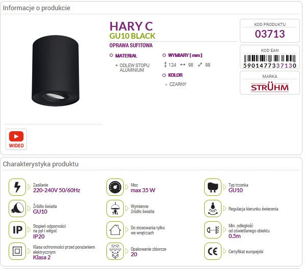 Lampa plafon HARY C czarna natynkowa 03713 GU10 Struhm