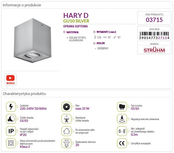 Lampa sufitowa wewnętrzna kwadrat HARY D srebrna GU10 03715 plafon